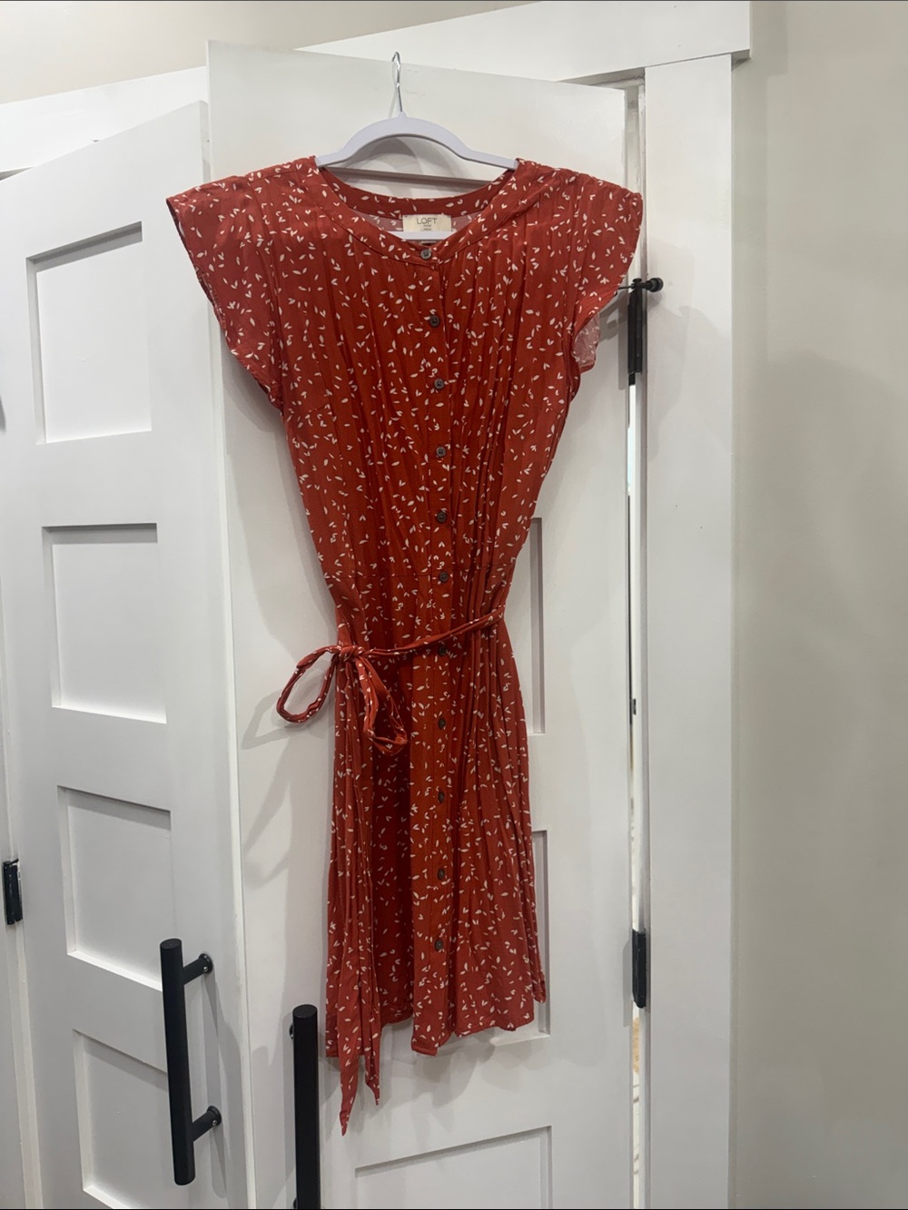 LOFT Rust Floral Button-Front Tie-Waist Dress